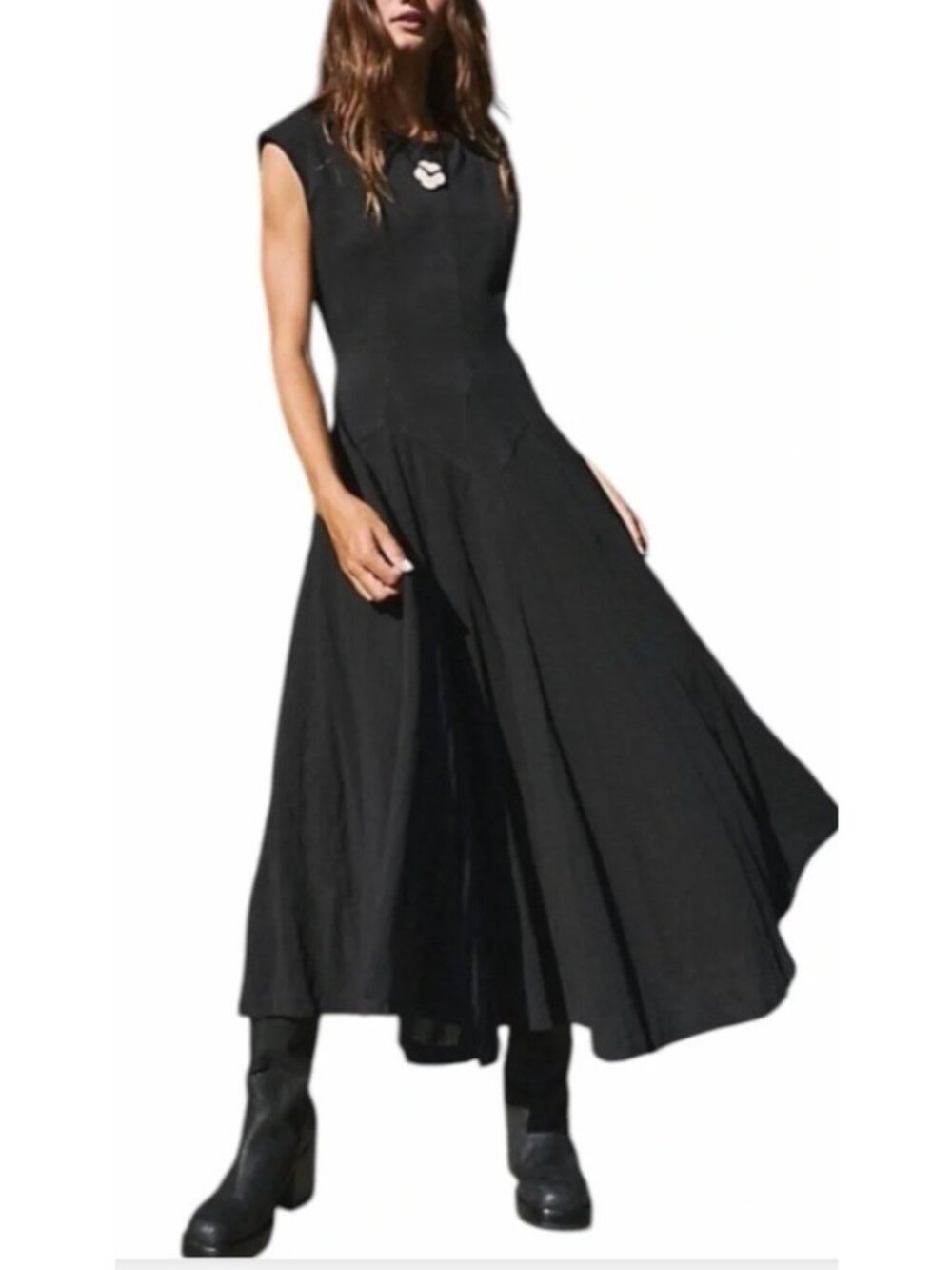Free People Ryo Drop Waist Dress Midi Maxi Lined Cap Sleeve Witchy Goth Whimsy M